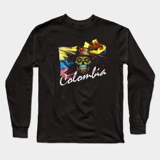 Distressed Colombian Pride Sugar Skull Flag Neon Art Long Sleeve T-Shirt